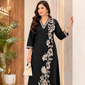 Reyon Black Two Piece with floral elegant design on kurti