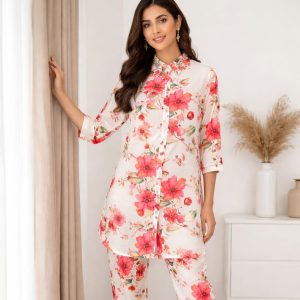 Chiffon material, with collar neck work and floral print